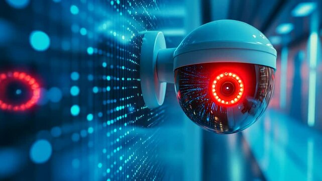 A dome surveillance camera mounted on the ceiling with a red LED indicating its activity.