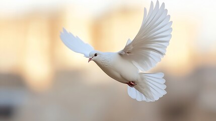 Graceful White Dove in Flight Against Blurred Background with Soft Lighting : Generative AI