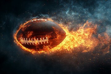 Oval leather American football ball on fire.