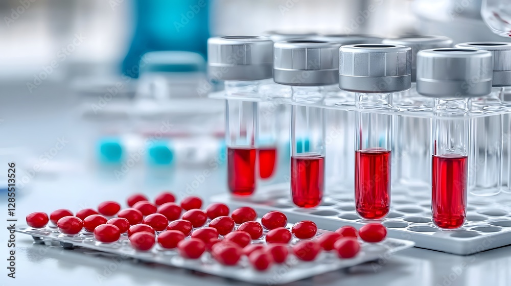 Poster Close up view of a plasma kit featuring clear tubes containing blood samples with distinct layers of plasma and red blood cells used in medical research laboratory testing and diagnostic procedures