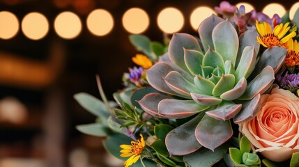 Beautifully arranged bouquets in a flower shop Concept, Beautiful Succulent Bouquet Mixed with Colorful Wildflowers for Creative Floral Arrangement Ideas