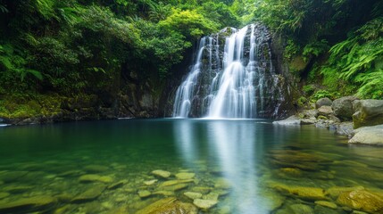 Fototapeta premium Lush Waterfall in Emerald Pool, Tranquil Forest Scene, Natural Beauty, Relaxing View, Ideal for Posters