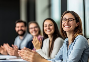 Obraz premium A group of people are sitting at a table and clapping. One woman is smiling. There are four people in the group