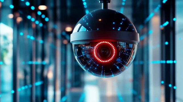 A dome surveillance camera mounted on the ceiling with a red LED indicating its activity.