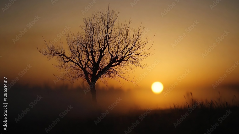 Poster silhouette of a leafless tree against a beautiful sunset in a misty landscape : generative ai