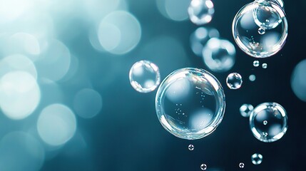  A collection of soap bubbles bobbing on a blue-green backdrop with a halo of light above them
