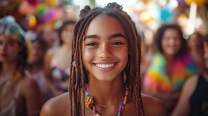An urban LGBTQ pride photo celebrates transgender pride with a diverse group of people, showcasing a confident young person at the center
