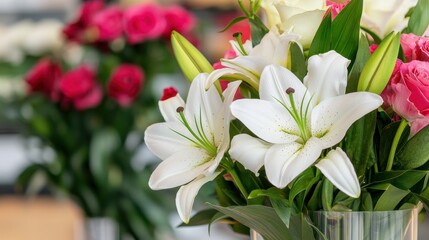 Fototapeta premium Beautifully arranged bouquets in a flower shop Concept, Luxurious Floral Arrangement Featuring Elegant Lilies and Vibrant Roses for Special Occasions and Celebrations