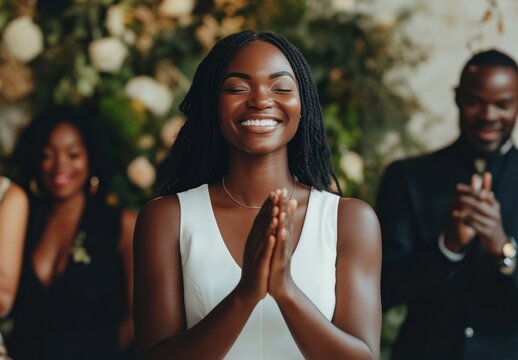A woman is smiling and clapping her hands. She is wearing a white dress. There are other people in the background - Powered by Adobe