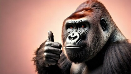 ゴリラがハンドサインの「いいね」をしているポートレート写真　コピースペース