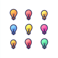 Naklejka premium Set of vibrant light bulb icons in gradient colors, symbolizing new ideas, creativity, and innovation