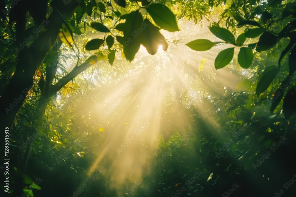 Poster sunlight filtering through lush forest canopy creates a tranquil and bright atmosphere in nature, mo