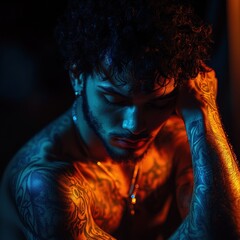 Thoughtful young man with tattoos in low light.