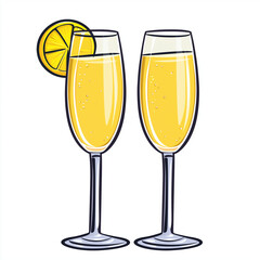 Two champagne flutes filled with bubbly mimosa, garnished with fresh lemon slices, ideal for brunch or celebrations