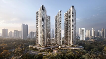 Obraz premium Modern Urban Skyscrapers Surrounded by Lush Green Environment