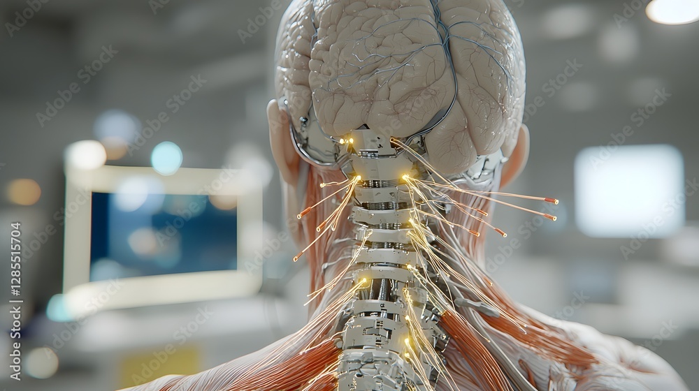 Poster closeup view of a cyborg s neck showcasing the intricate details of exposed fiber optic nerves and a