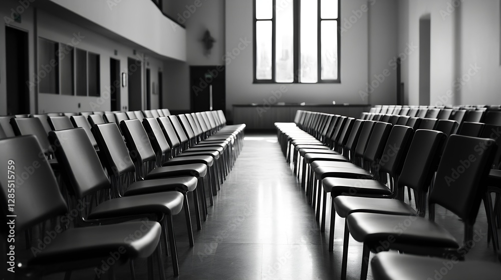 Poster classroom perspective featuring rows of black chairs and large windows : generative ai