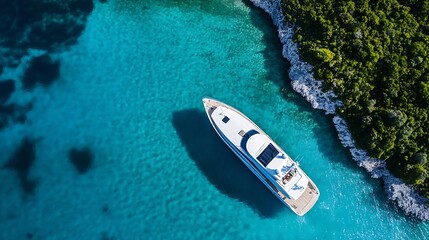 Luxury yacht anchored in pristine turquoise waters surrounded by lush green islands : Generative AI