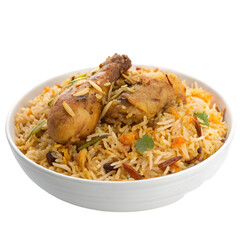 Traditional spicy chicken biryani  with chicken pieces on white background