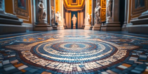 Obraz premium Mosaic floor leading to blurred statue in vatican museum