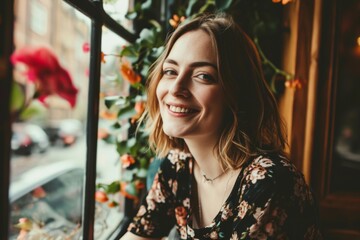 Fototapeta premium Portrait of a beautiful young woman in a cafe with flowers.