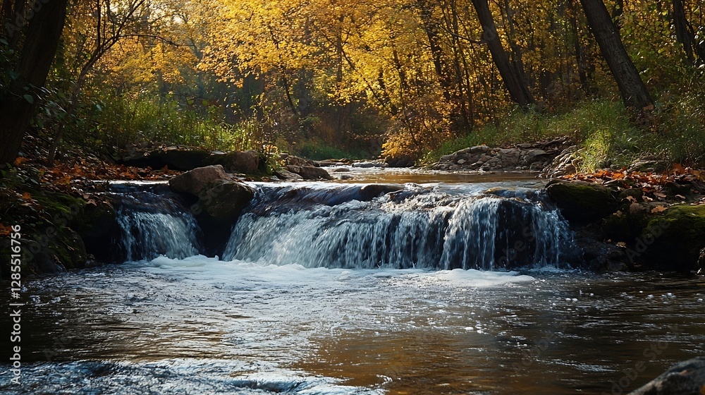 Poster autumn river flowing through a colorful forest with golden leaves and gentle waterfalls : generative