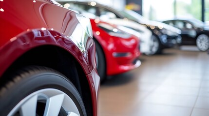 Showroom display featuring a variety of sleek modern cars including red and black vehicles in a stylish automotive space : Generative AI