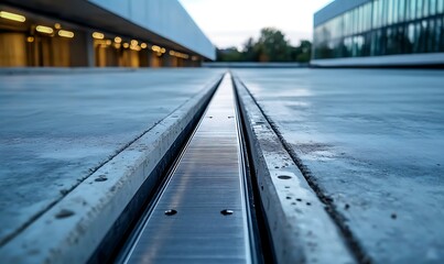 Concrete rooftop parking area shows expansion joint. Rubber strip with stainless steel cover forms gap between concrete slabs