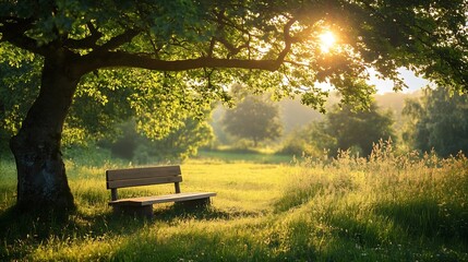 Sunset illuminating a peaceful park with a wooden bench under a large leafy tree : Generative AI