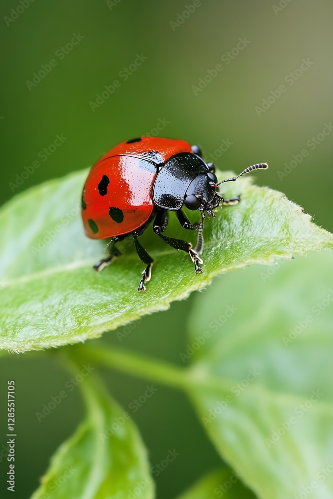 Poster close-up of vibrant red ladybug resting on a green leaf in natural environment : generative ai