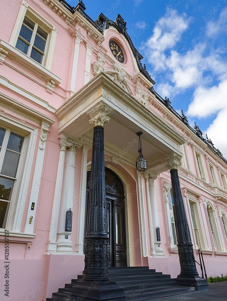 Poster elegant pink historic building with intricate architecture against a bright blue sky : generative ai