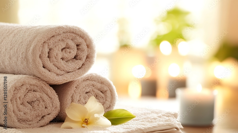 Aufkleber spa towels rolled with flower and candles in cozy ambient light setting : generative ai