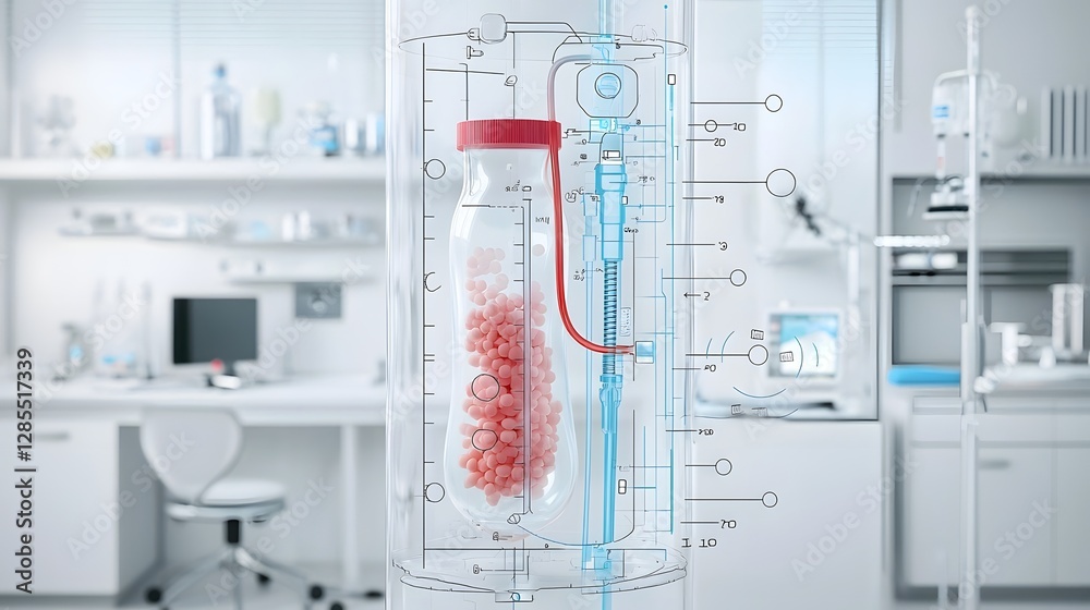 Poster detailed cross section showcasing the intravenous tubing and fluid transfusion process used in medic
