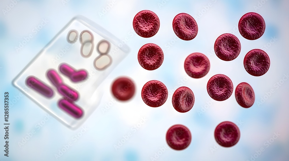 Poster detailed macro level view of red blood cells under a microscope showcasing their distinctive biconca