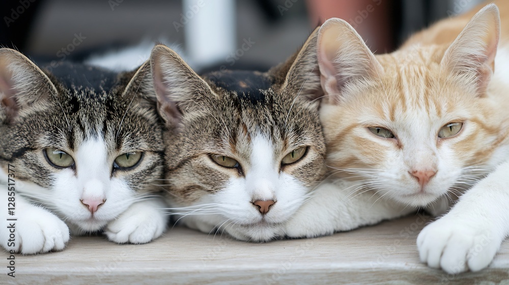 Poster three adorable cats resting together on a wooden surface showcasing their relaxed and playful moods 