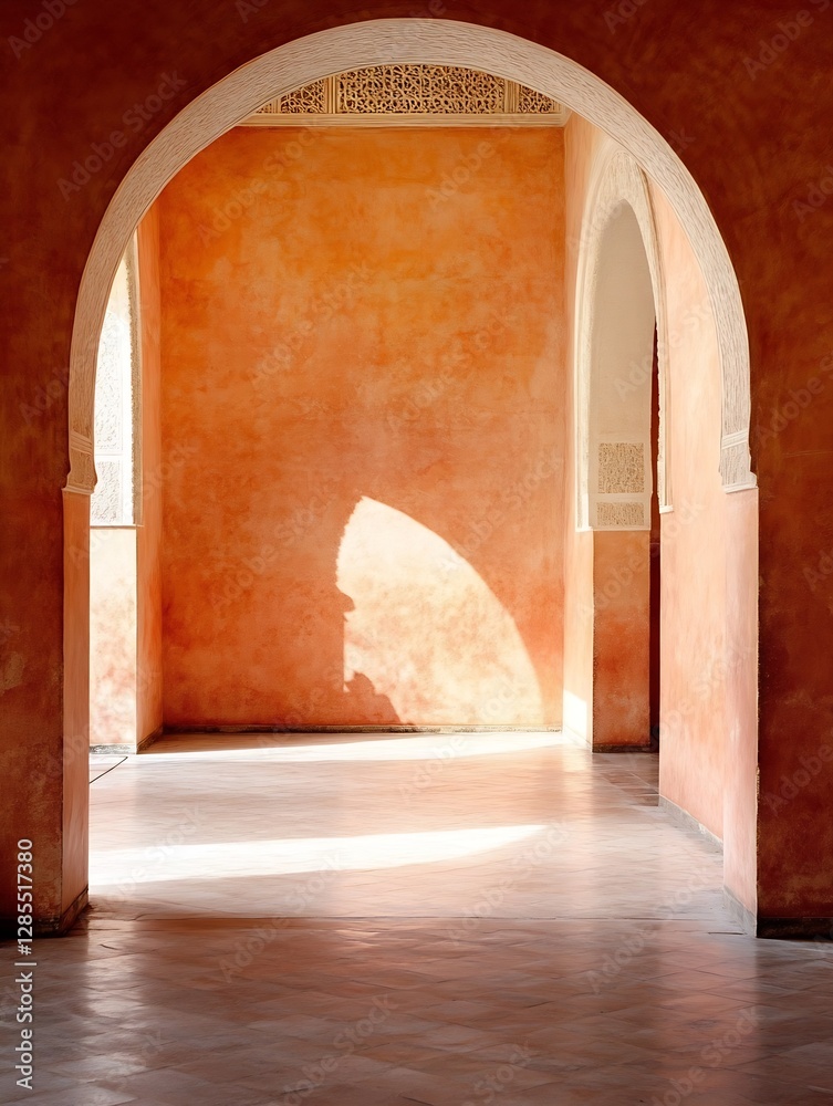 Poster Elegant interior architecture featuring warm orange tones and soft shadows creating a serene atmosphere : Generative AI