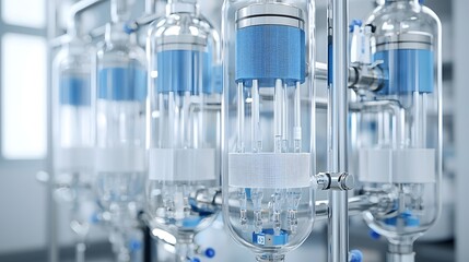 Detailed view of a high tech system showcasing the intricate flow of liquid through transparent tubing and sterile medical filters