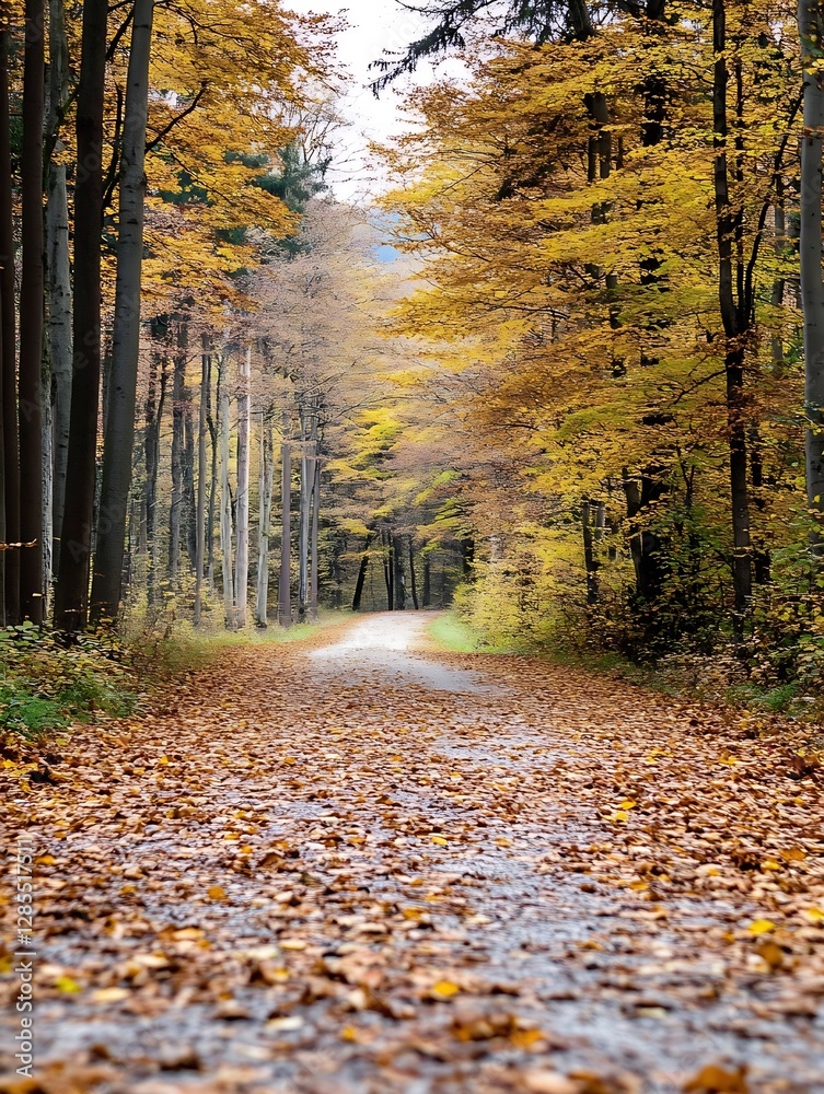 Poster Scenic autumn path lined with golden foliage and trees creating a serene landscape in fall season : Generative AI