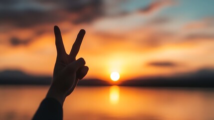 Silhouette of hand showing peace sign at sunset by the lake : Generative AI