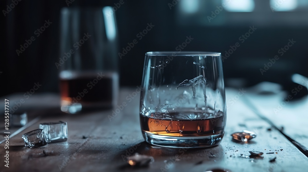 Poster Whiskey Glass with Splashes and Ice on a Rustic Table in Dim Lighting : Generative AI