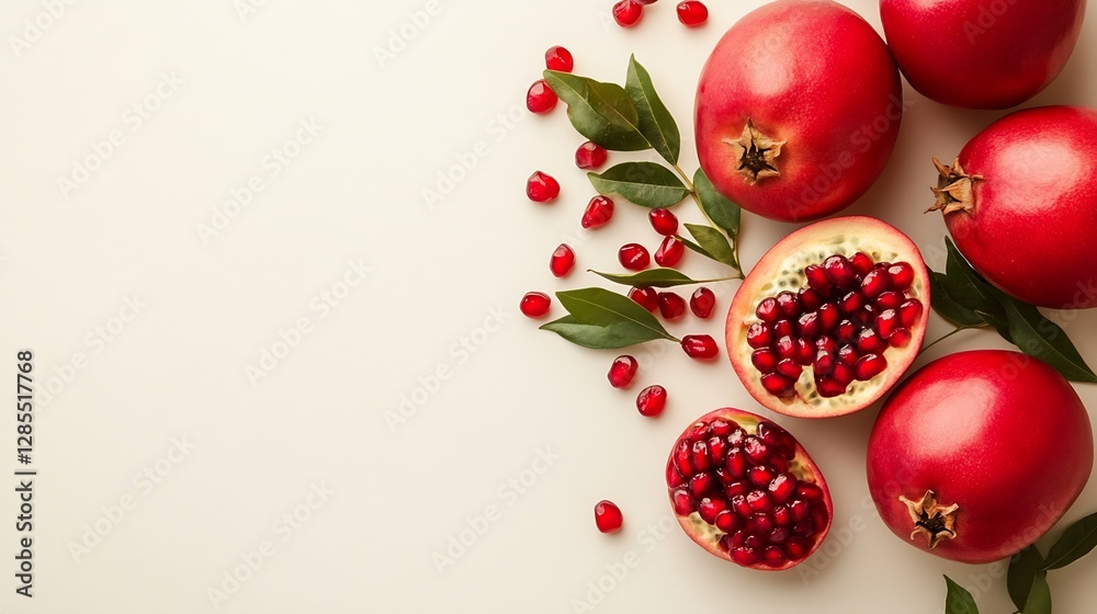 Poster fresh pomegranates with bright red seeds on light background : generative ai