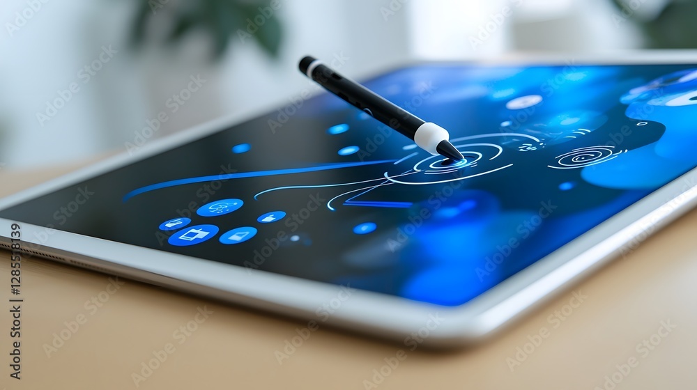 Poster digital rendering of a digital pen charging magnetically on the edge of a blue tablet device showcasing the modern and innovative technology of wireless charging and seamless of digital tools