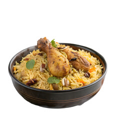 Traditional spicy chicken biryani  with chicken pieces on white background