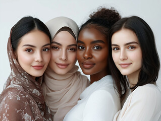 diversity women hijabi african american arabic spanish asian thai chinese korean women studio shoot with different skintones beauty skincare inclusive beauty blonde indian