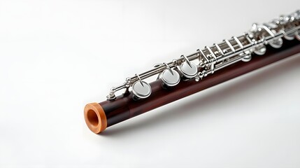 Naklejka premium Elegant and refined oboe with a dark wooden body and intricately designed silver plated keys captured against a clean minimalist white background showcasing the instrument s craftsmanship beauty