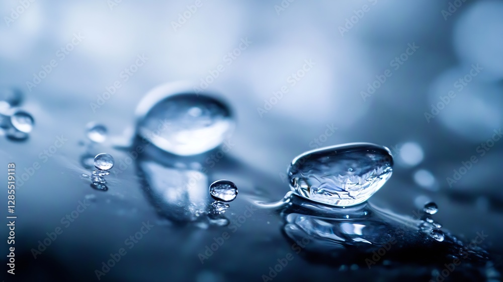 Poster close up of water droplets on a smooth surface beautifully reflecting light in a tranquil blue hue :