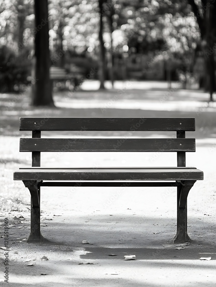 Poster isolated empty bench in a quiet park surrounded by trees showcasing peaceful outdoor atmosphere : ge