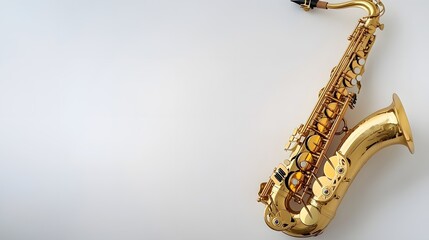 Elegant Golden Brass Saxophone with Intricate Key Details Photographed on a Clean White Studio Backdrop for Commercial and Creative Use