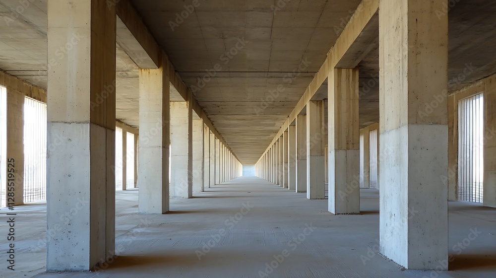 Aufkleber Spacious Modern Concrete Columns Creating Perspective in Industrial Architecture : Generative AI