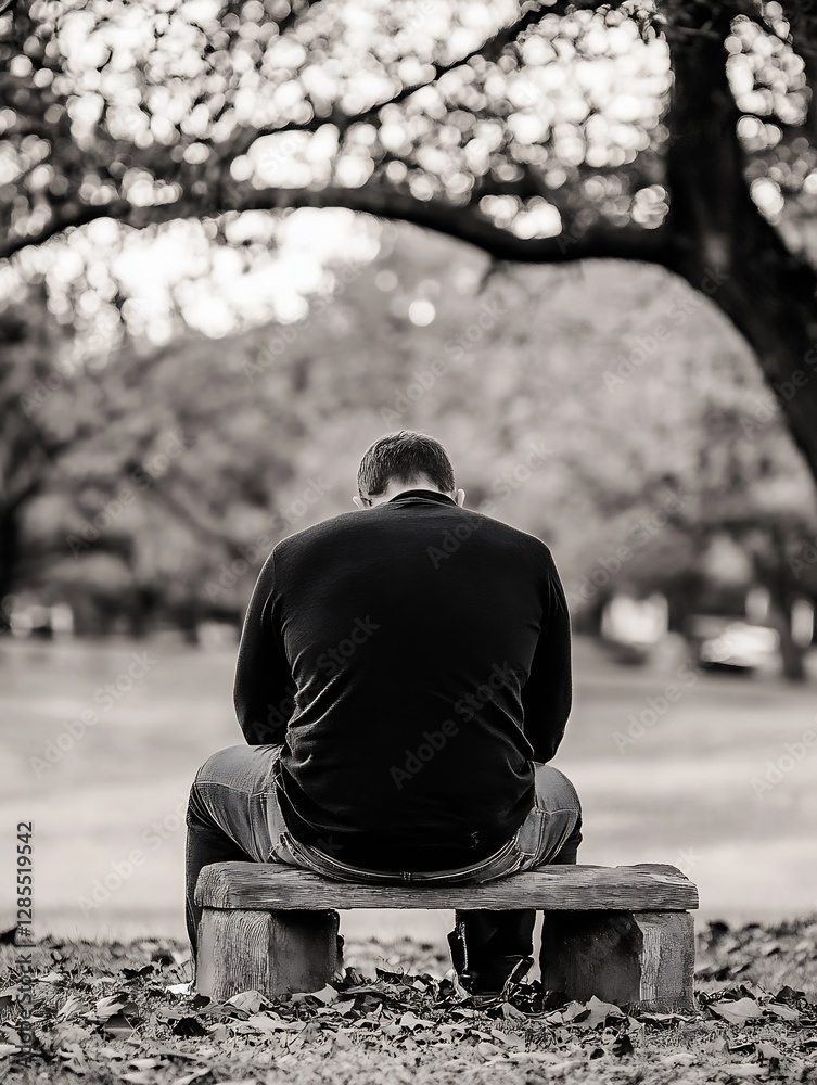 Aufkleber lonely man sitting on bench reflecting in serene park setting : generative ai